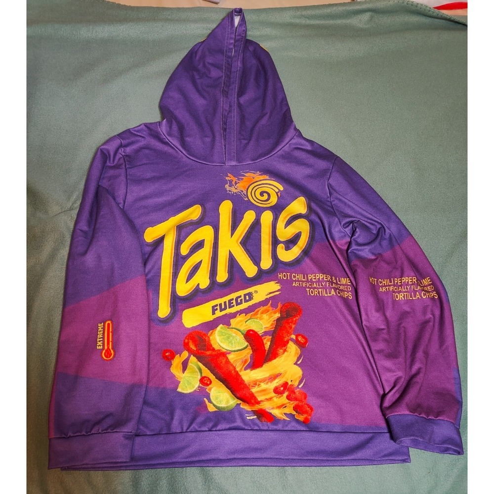 Takis Fuego Hoodie Mens Small Purple Stretch Graphic Pullover Snack Merch